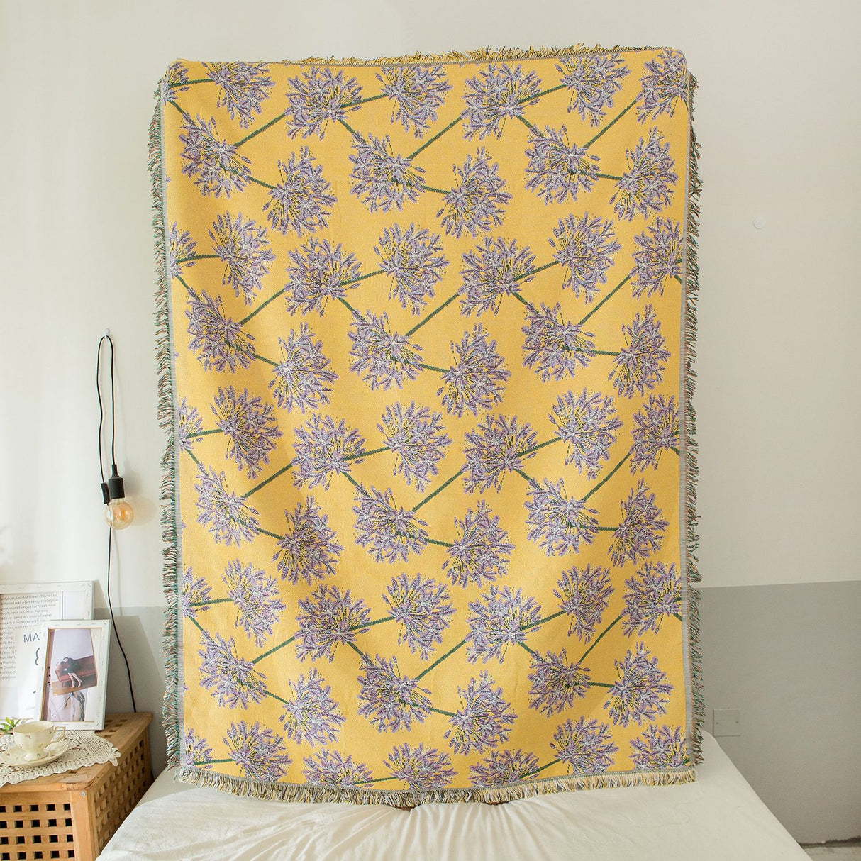 Yellow & Purple Floral Woven Throw Blanket - Chic Botanical Print with Tassels, Cotton Blend Sofa & Bed Cover