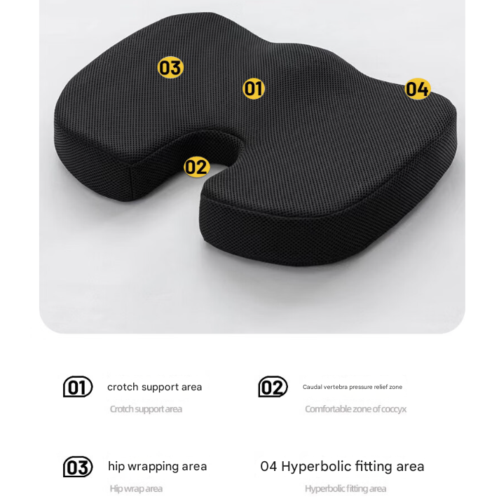 Black Ergonomic U-Shaped Memory Foam Seat Cushion - Coccyx Relief & Posture Support with Breathable Cover