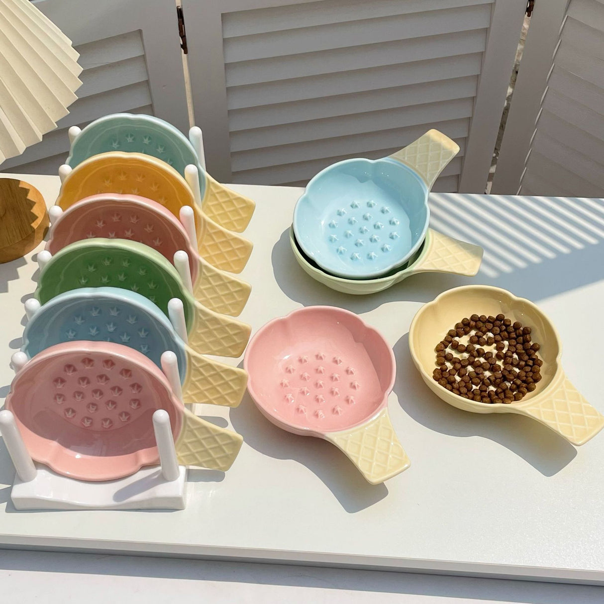 2 Pcs Blue and Yellow Adorable Ice Cream Cone Ceramic Slow Feeder Pet Bowl - Fun Anti-Gulp Design for Cats & Dogs