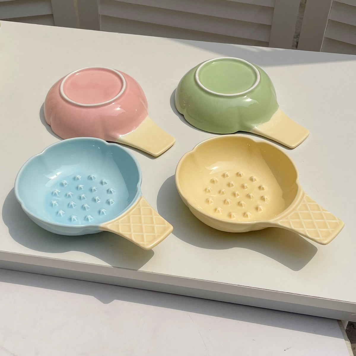 2 Pcs Green and Yellow Adorable Ice Cream Cone Ceramic Slow Feeder Pet Bowl - Fun Anti-Gulp Design for Cats & Dogs