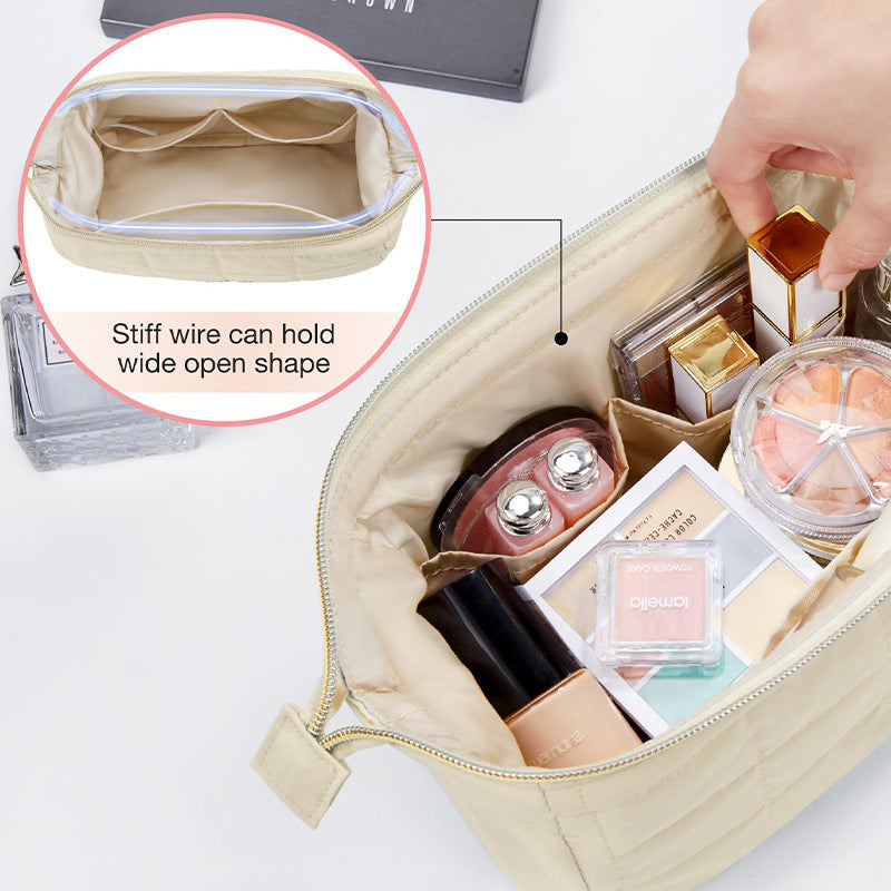 Pink Chic Quilted Puffer Makeup Bag - Large Capacity Travel Cosmetic Organizer with Wide Opening