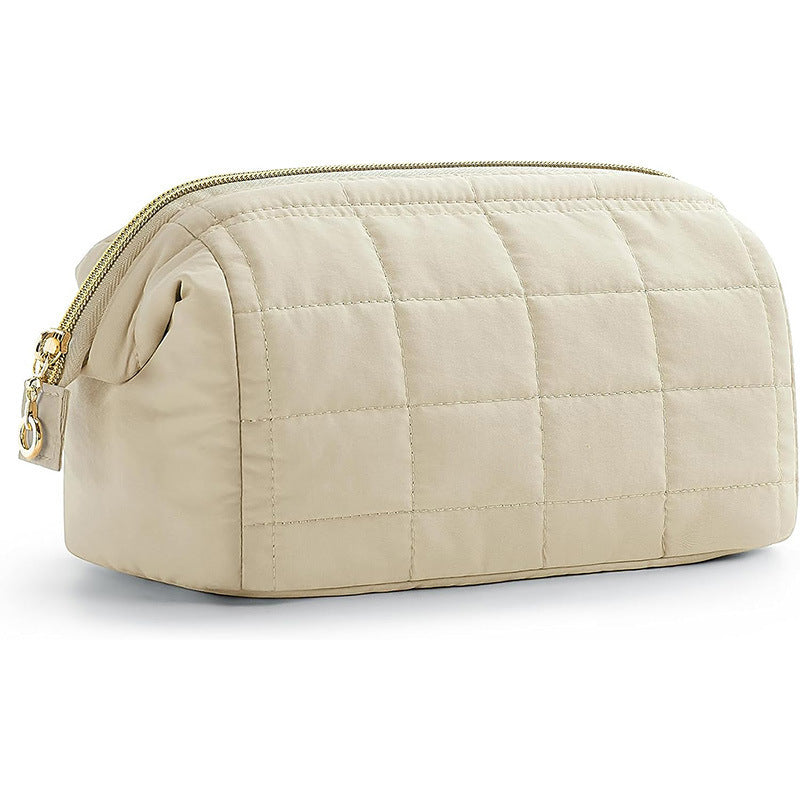 Beige Chic Quilted Puffer Makeup Bag - Large Capacity Travel Cosmetic Organizer with Wide Opening