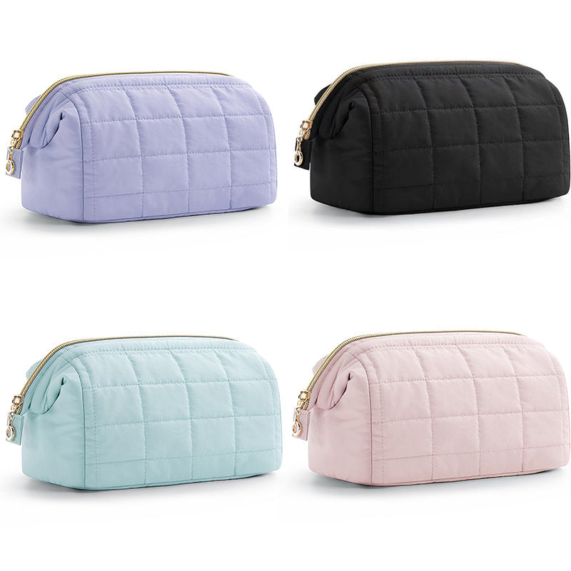 Black Chic Quilted Puffer Makeup Bag - Large Capacity Travel Cosmetic Organizer with Wide Opening