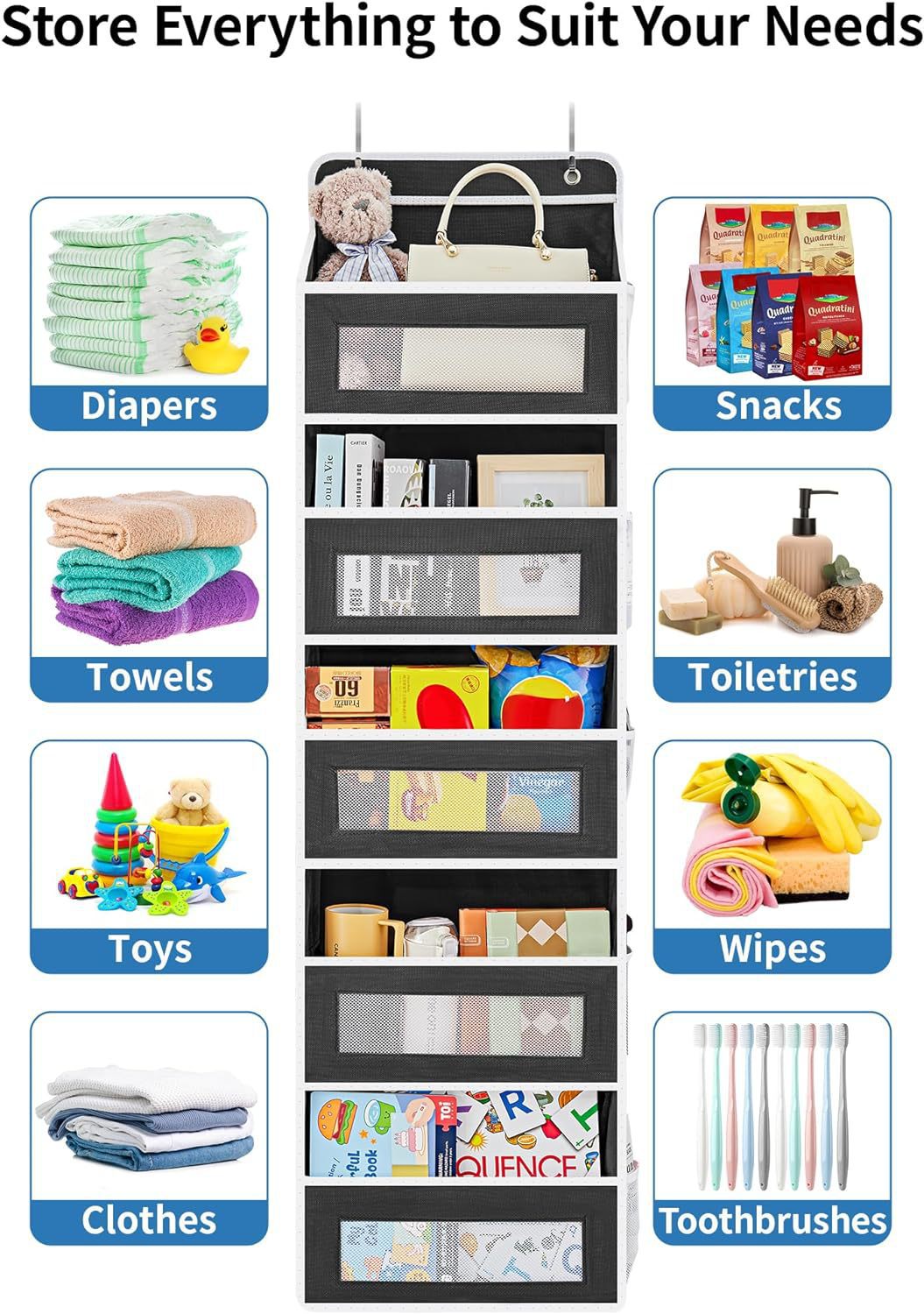 Grey Heavy Duty 5-Tier Over-The-Door Hanging Organizer - Space-Saving Storage with Clear Windows & Mesh Pockets