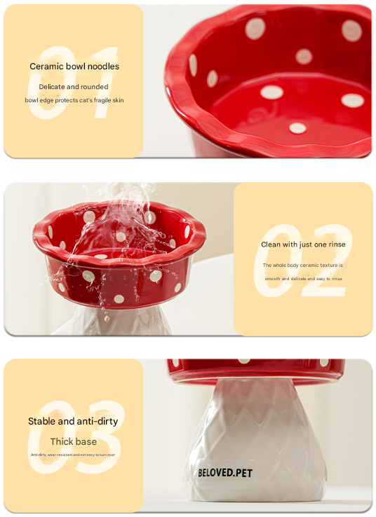Blue Adorable Mushroom Ceramic Elevated Cat Bowl - Anti-Vomiting & Spine Protecting Pet Feeder with Polka Dots