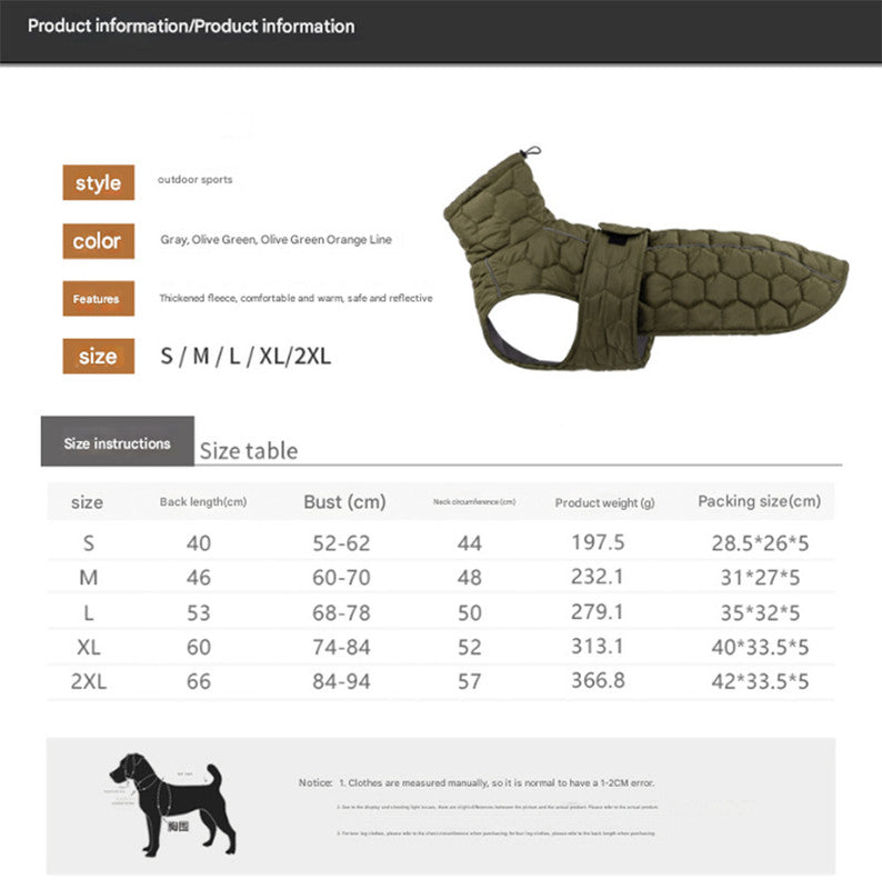 Size L Olive Green Warm Quilted Dog Winter Coat - Adjustable Fleece-Lined Puffer Vest with Reflective Trim & Leash Port