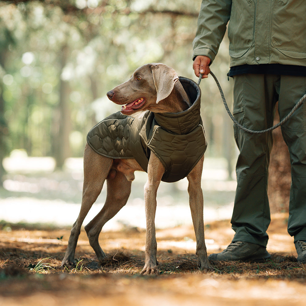 Size XL Olive Green Warm Quilted Dog Winter Coat - Adjustable Fleece-Lined Puffer Vest with Reflective Trim & Leash Port