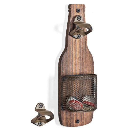 Brown Rustic Wooden Wall-Mounted Bottle Opener with Cap Catcher - Vintage Beer Opener for Bar & Kitchen