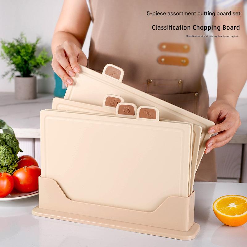 Beige 4-Piece Index Cutting Board Set with Ventilated Storage Stand - Food-Safe PP Kitchen Chopping