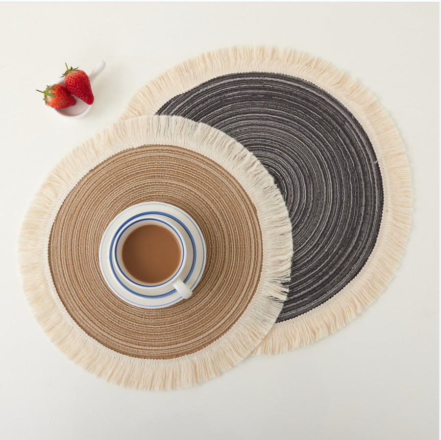 Brown Chic Round Woven Placemats with Tassel Fringe - Set of 4, Cotton Ramie Blend, Heat Resistant Table Mats