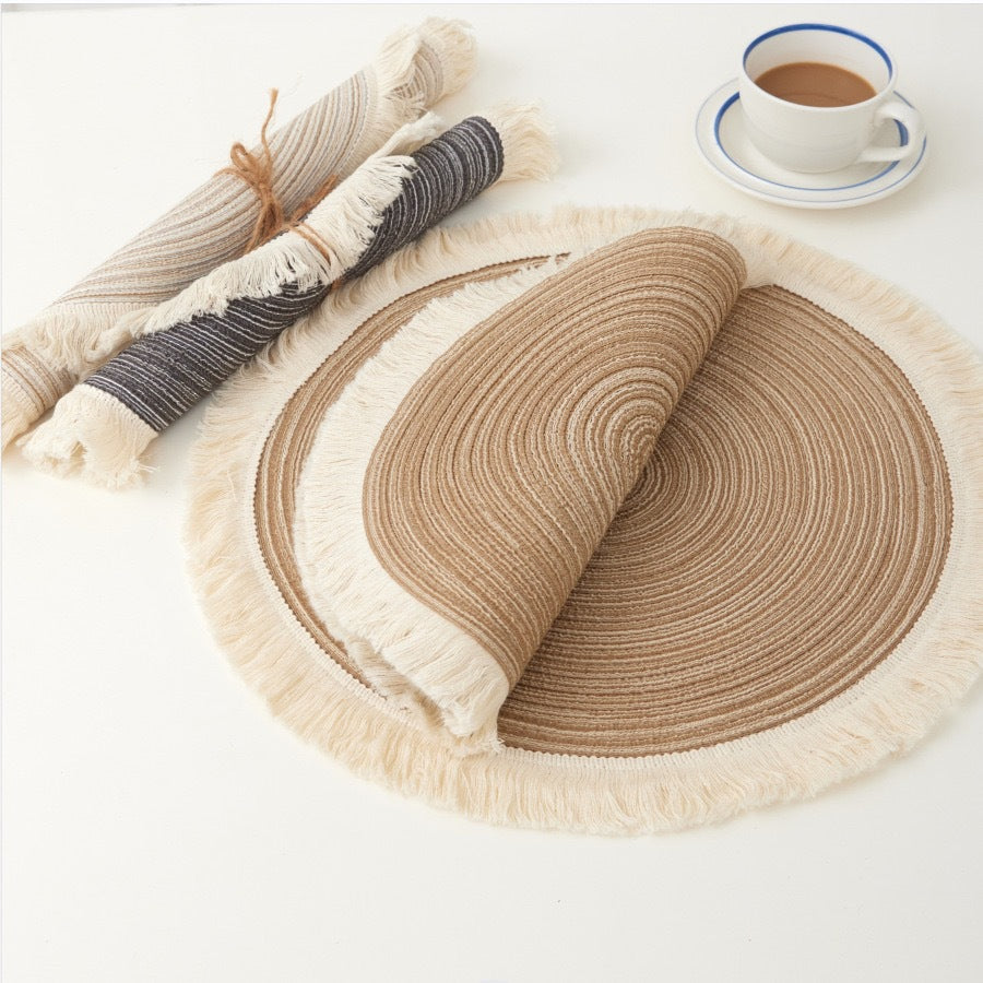 Grey Chic Round Woven Placemats with Tassel Fringe - Set of 4, Cotton Ramie Blend, Heat Resistant Table Mats