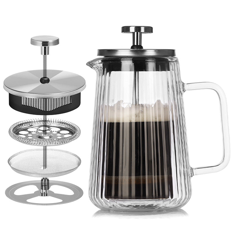 Transparent Elegant Ribbed Double Wall Glass French Press - 350ml Heat Resistant Coffee and Tea Maker with Stainless Steel Filter