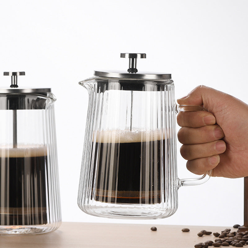 Transparent Elegant Ribbed Double Wall Glass French Press - 350ml Heat Resistant Coffee and Tea Maker with Stainless Steel Filter