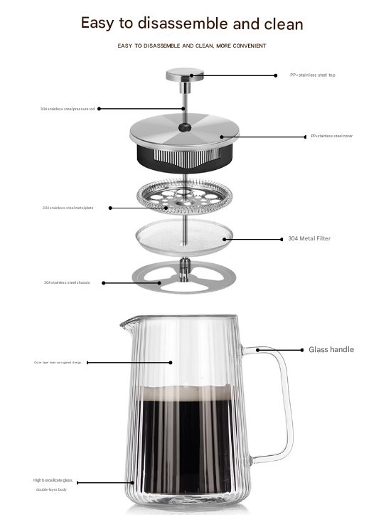 Transparent Elegant Ribbed Double Wall Glass French Press - 350ml Heat Resistant Coffee and Tea Maker with Stainless Steel Filter