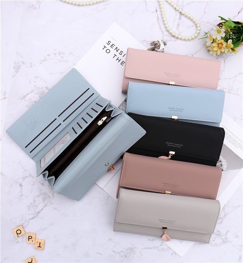 Green Elegant Ladies Long PU Leather Wallet - Slim Clutch with Leaf Charm, Multi-Card Holder & Organizer