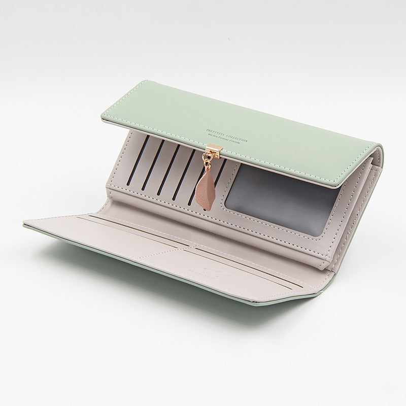 Green Elegant Ladies Long PU Leather Wallet - Slim Clutch with Leaf Charm, Multi-Card Holder & Organizer
