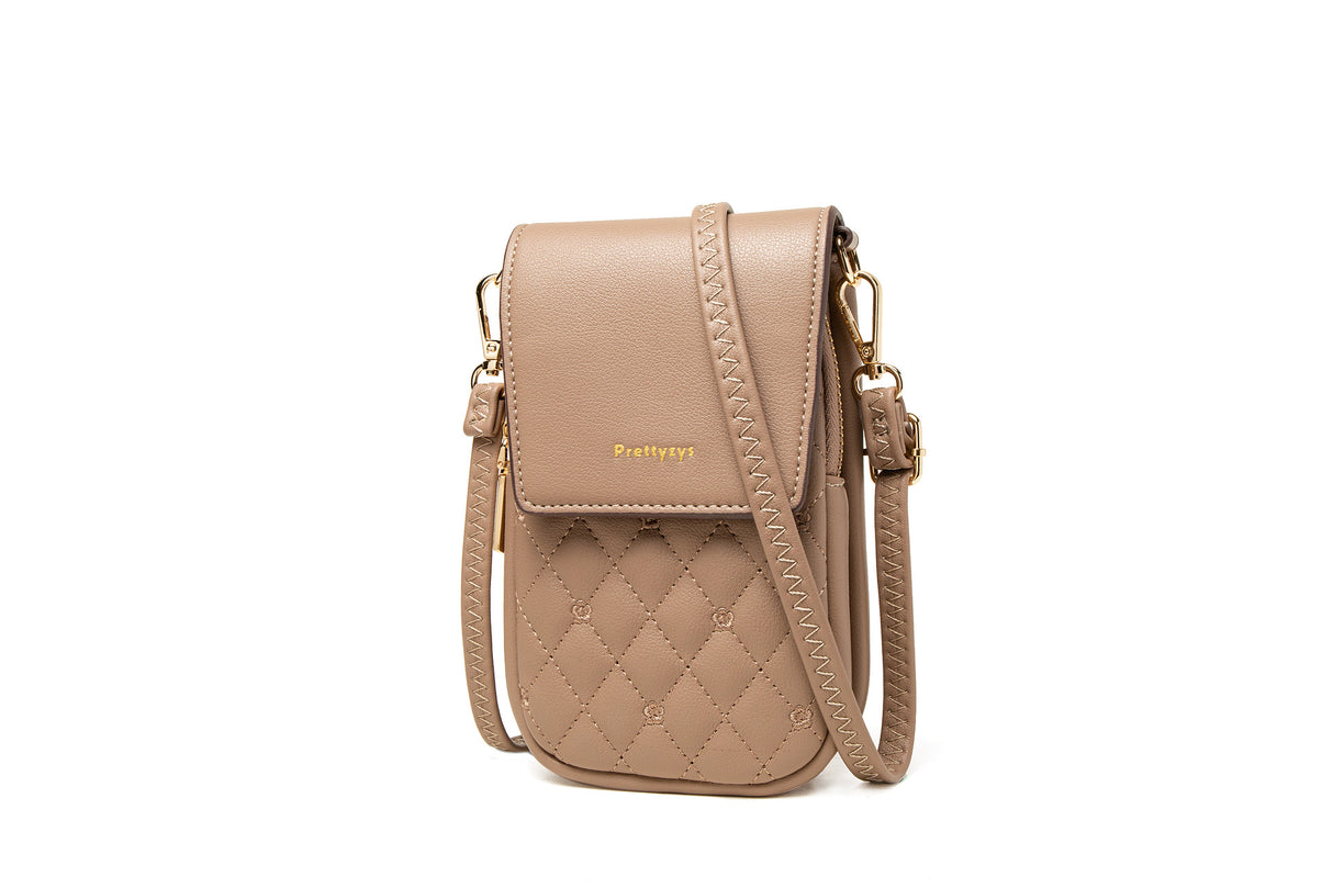 Black Chic Quilted Crossbody Phone Bag - PU Leather Mini Purse with Floral Stitching & Adjustable Strap