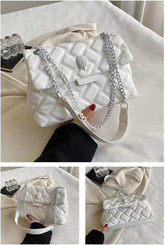 White Chic Quilted Crossbody Bag for Women - PU Leather Diamond Pattern Chain Strap Shoulder Purse with Elegant Clasp