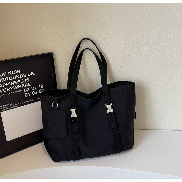 Black Women's Large Capacity Nylon Tote Bag - Stylish Casual Shoulder with Detachable Pouch