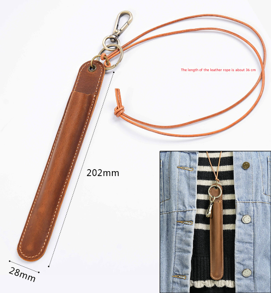 Coffee Vintage Top-Grain Leather Pen Sleeve Holder with Neck Strap - Protective Single Pen Case