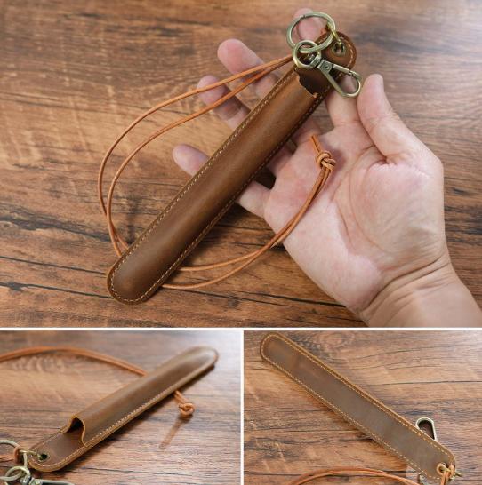 Brown Vintage Top-Grain Leather Pen Sleeve Holder with Neck Strap - Protective Single Pen Case