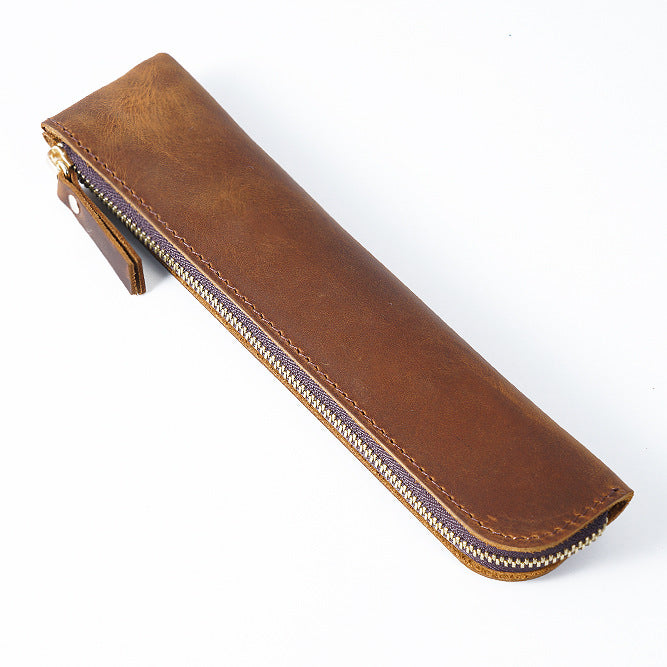 Brown Vintage Crazy Horse Leather Zippered Pen Case - Retro Pencil Pouch & Small Accessories Bag
