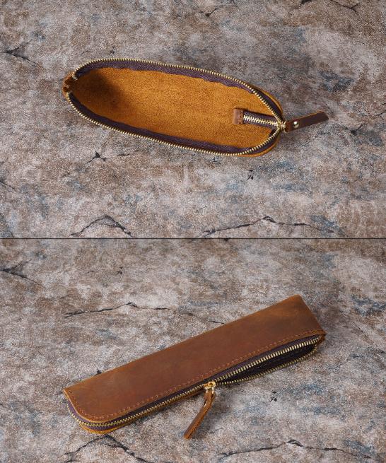 Brown Vintage Crazy Horse Leather Zippered Pen Case - Retro Pencil Pouch & Small Accessories Bag