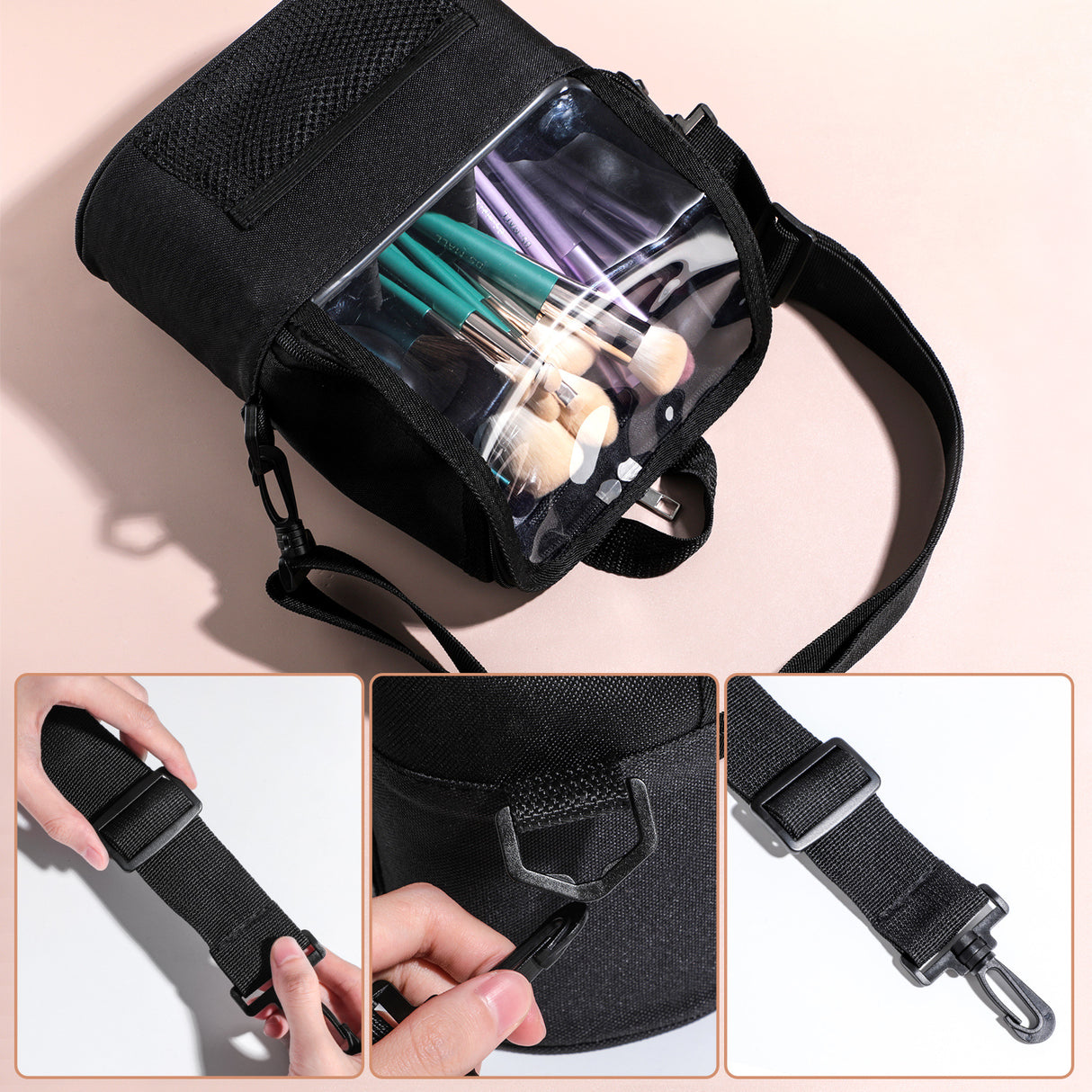 Black Professional Makeup Bag Organizer - Large Capacity Travel Cosmetic Case with Brush Holder, Adjustable Dividers & Shoulder Strap