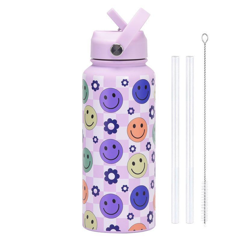 Style 27A Purple Smiley Face Pattern Vibrant Fun Print 1L Stainless Steel Insulated Water Bottle - 32oz Large Capacity with Straw Lid & Carry Handle - BPA-Free