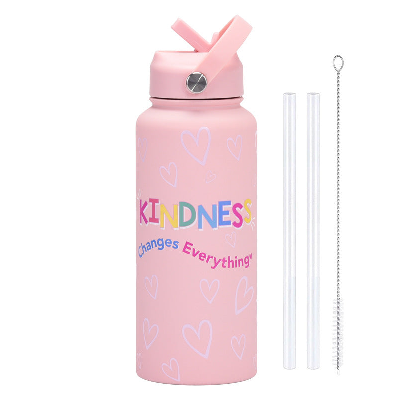 Style 11A Pink Vibrant Fun Print 1L Stainless Steel Insulated Water Bottle - 32oz Large Capacity with Straw Lid & Carry Handle - BPA-Free
