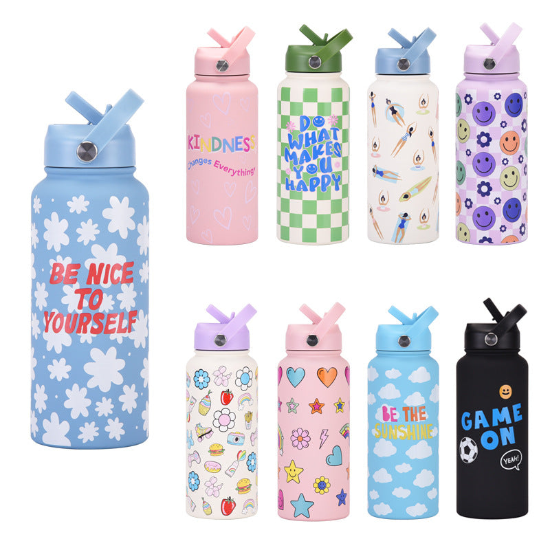 Style 11A Pink Vibrant Fun Print 1L Stainless Steel Insulated Water Bottle - 32oz Large Capacity with Straw Lid & Carry Handle - BPA-Free