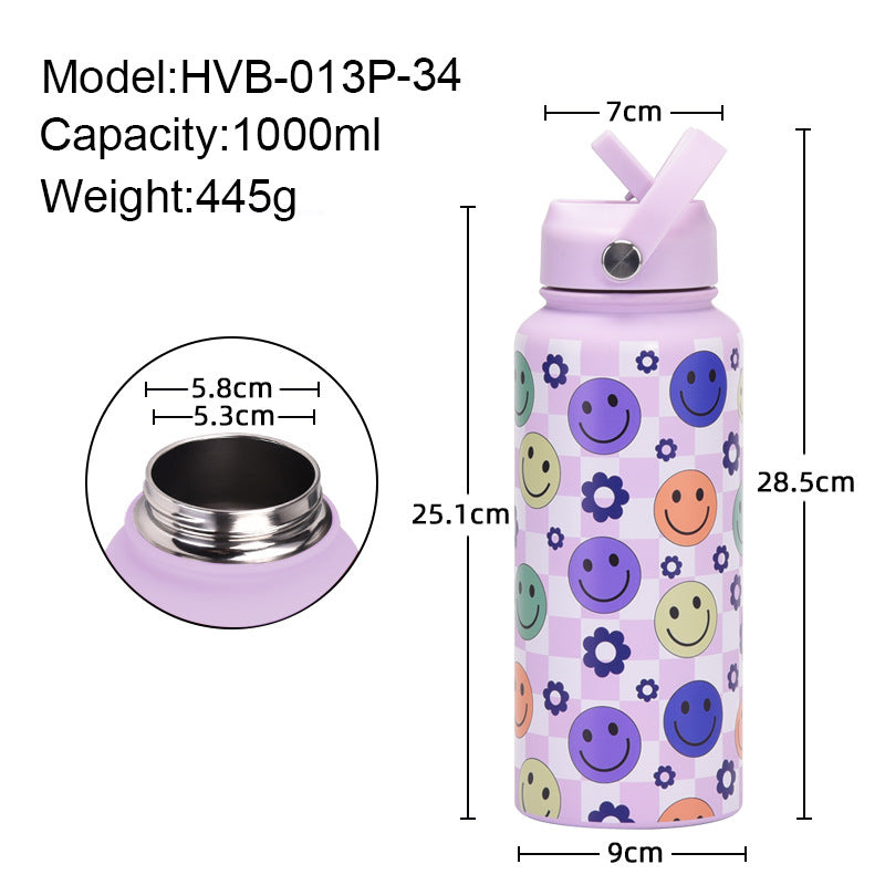 Style 11A Pink Vibrant Fun Print 1L Stainless Steel Insulated Water Bottle - 32oz Large Capacity with Straw Lid & Carry Handle - BPA-Free