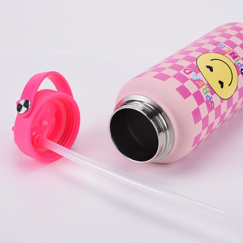 Style 11A Pink Vibrant Fun Print 1L Stainless Steel Insulated Water Bottle - 32oz Large Capacity with Straw Lid & Carry Handle - BPA-Free