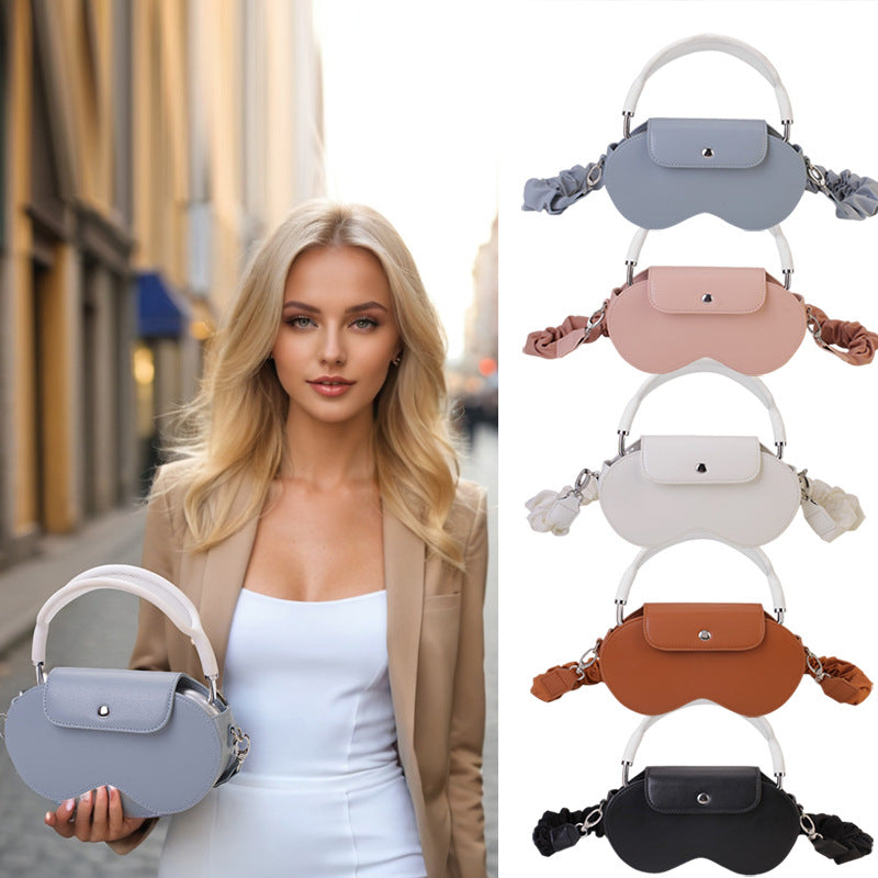 White Chic PU Leather Crossbody Storage Bag for Apple AirPods Max - Protective Case with Ruched Fabric Strap & Top Handle