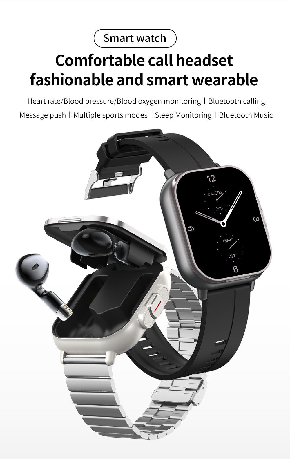 Black Steel Belt 2-in-1 Smartwatch with Built-in Earbuds - 2.01 HD Touchscreen