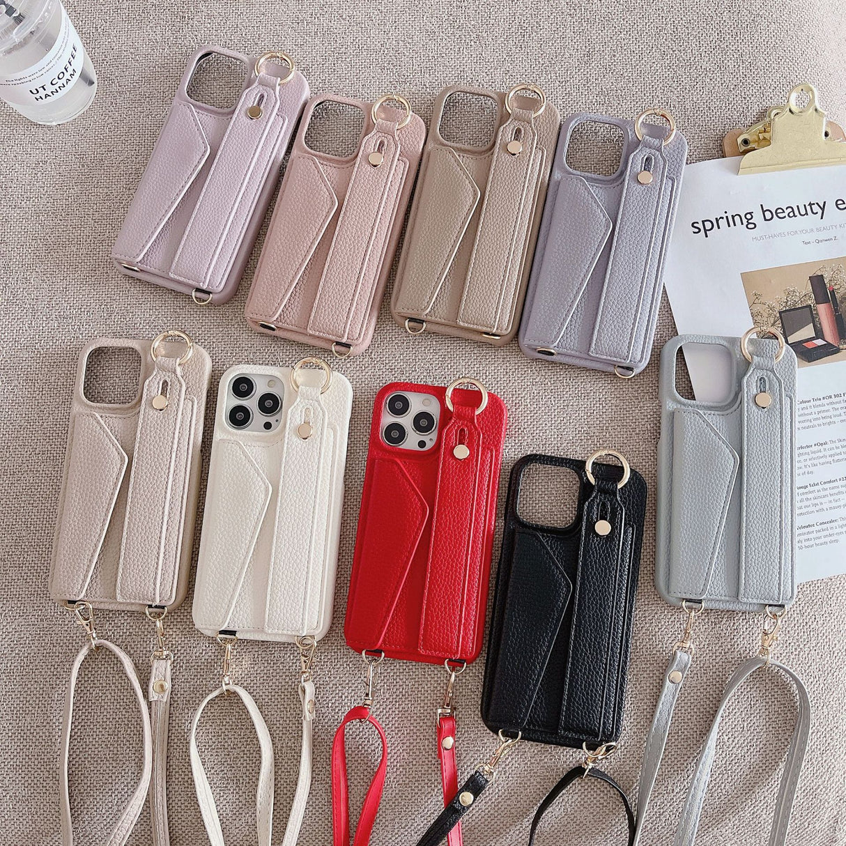 Beige Chic PU Leather Crossbody Wallet Case for iPhone 16 Pro Max - Card Holder with Detachable Strap & Finger Ring Grip