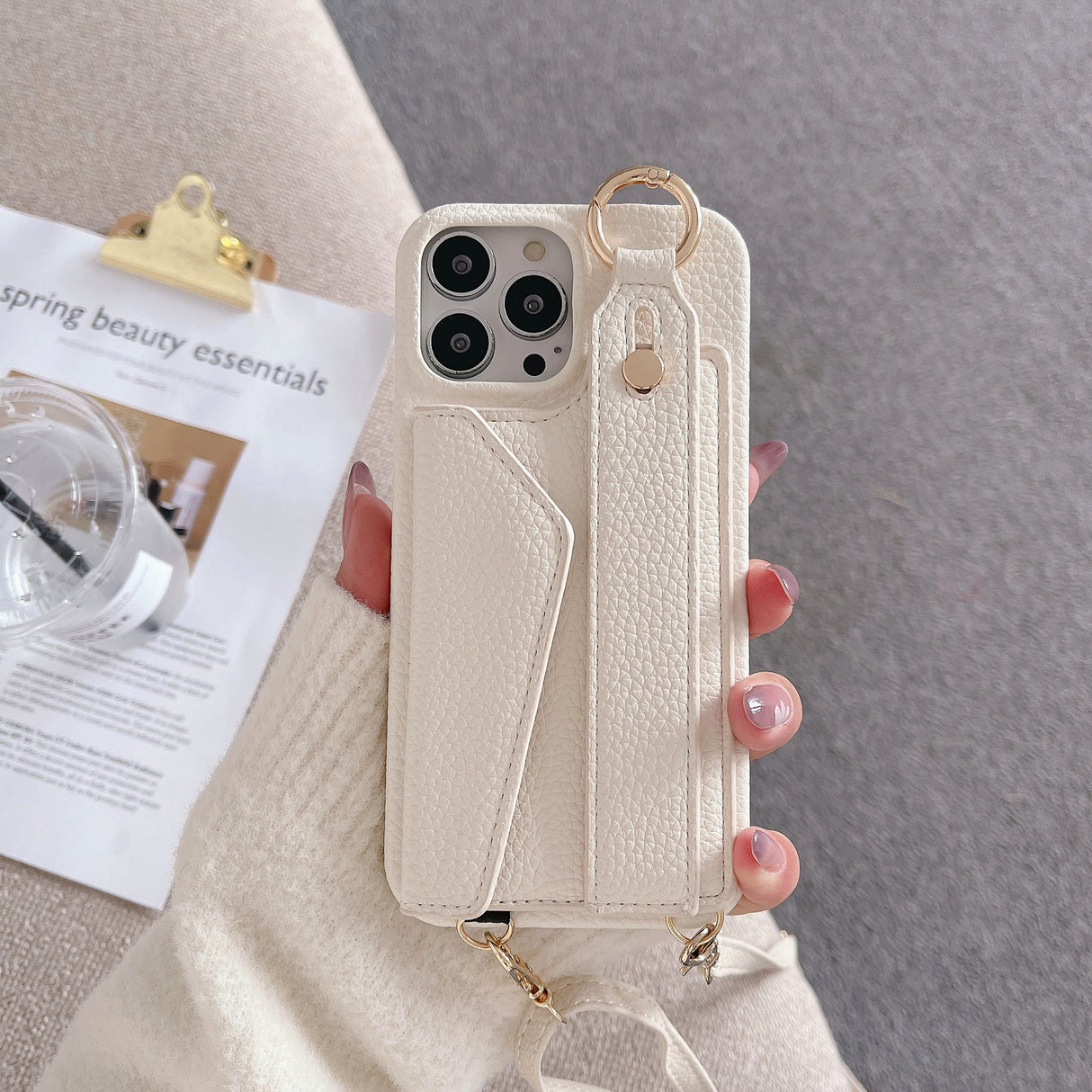 Beige Chic PU Leather Crossbody Wallet Case for iPhone 16 - Card Holder with Detachable Strap & Finger Ring Grip