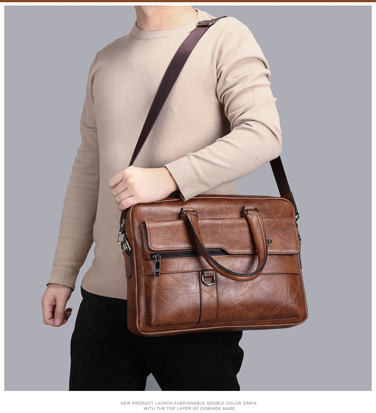 Brown Men's PU Leather Briefcase - Vintage Style Laptop Messenger Bag, Crossbody Satchel for Business & Casual