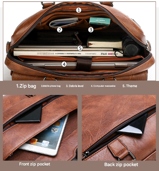 Brown Men's PU Leather Briefcase - Vintage Style Laptop Messenger Bag, Crossbody Satchel for Business & Casual
