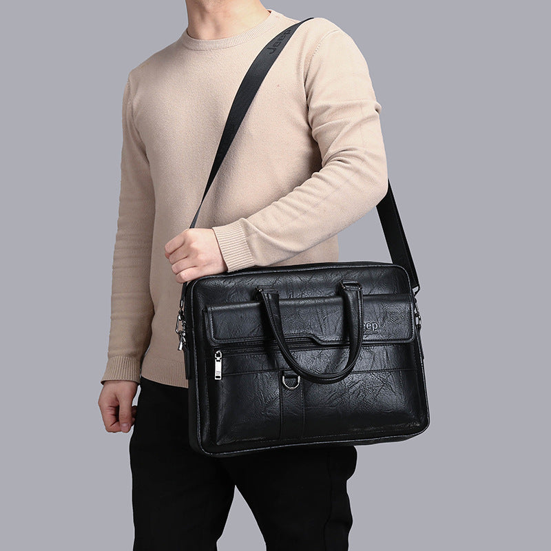 Black Men's PU Leather Briefcase - Vintage Style Laptop Messenger Bag, Crossbody Satchel for Business & Casual