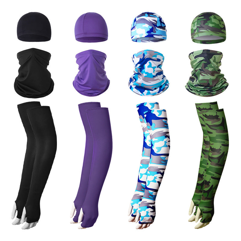2 Sets Green Camouflage Cooling UV Protection Set - 2 Skull Cap, 2 Neck Gaiter & 4 Arm Sleeves for Outdoor Sports