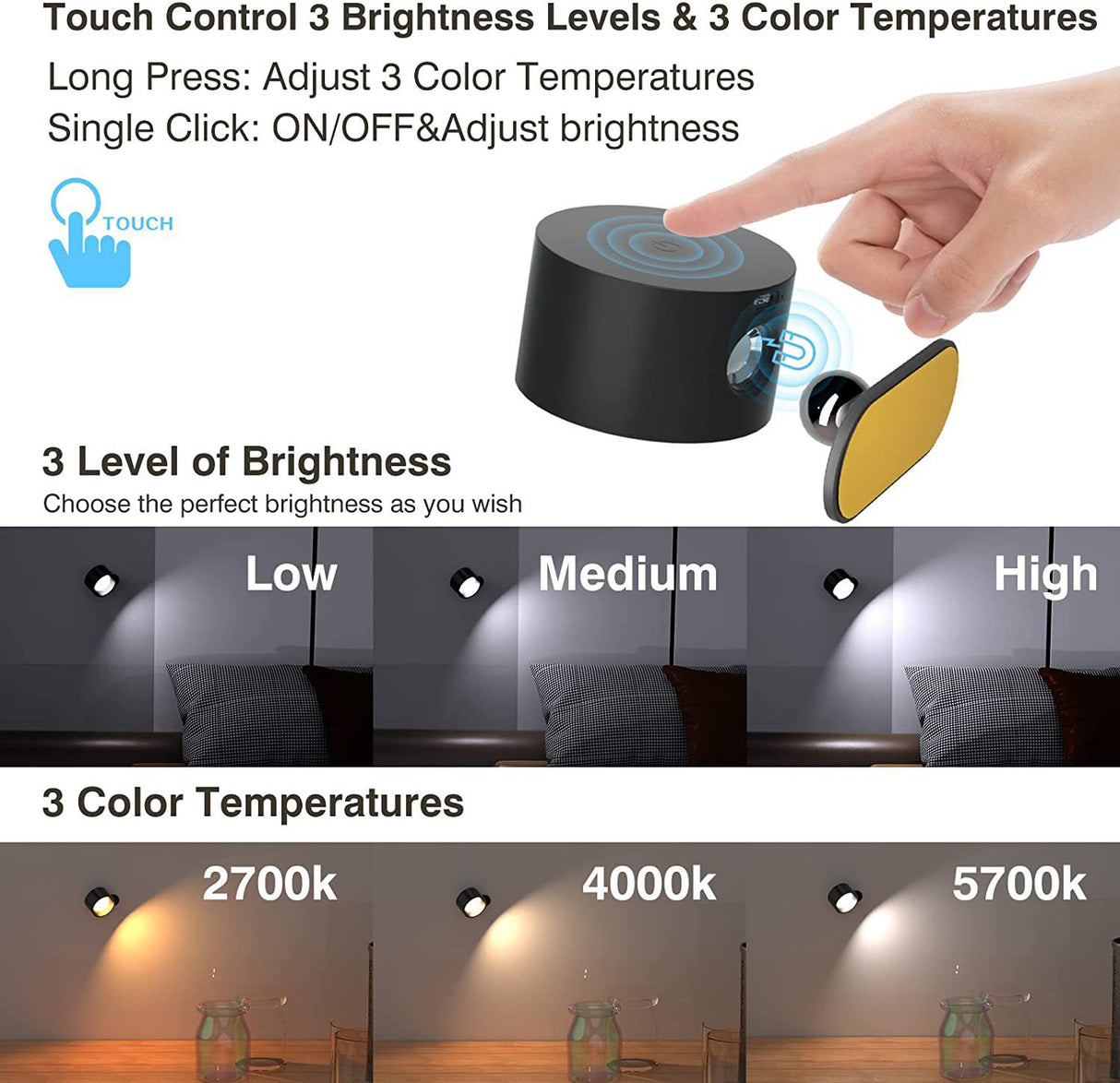 White Rechargeable LED Magnetic Wall Light - Touch Control, 3 Colors & Dimmable, USB Portable Night Lamp for Reading & Cabinets
