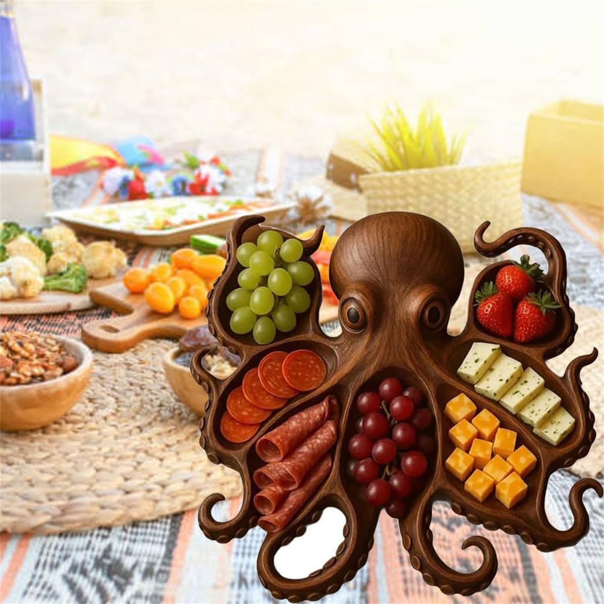 Style B Brown Artisan Crafted Solid Wood Octopus Charcuterie Board - Unique Appetizer & Cheese Serving Platter