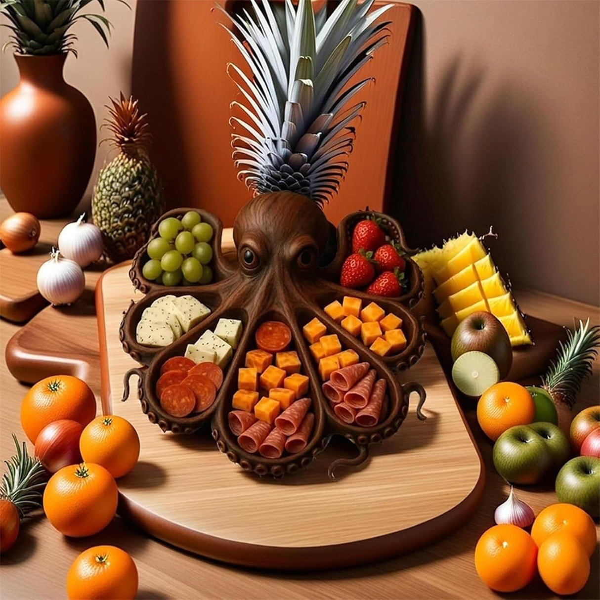 Style B Brown Artisan Crafted Solid Wood Octopus Charcuterie Board - Unique Appetizer & Cheese Serving Platter