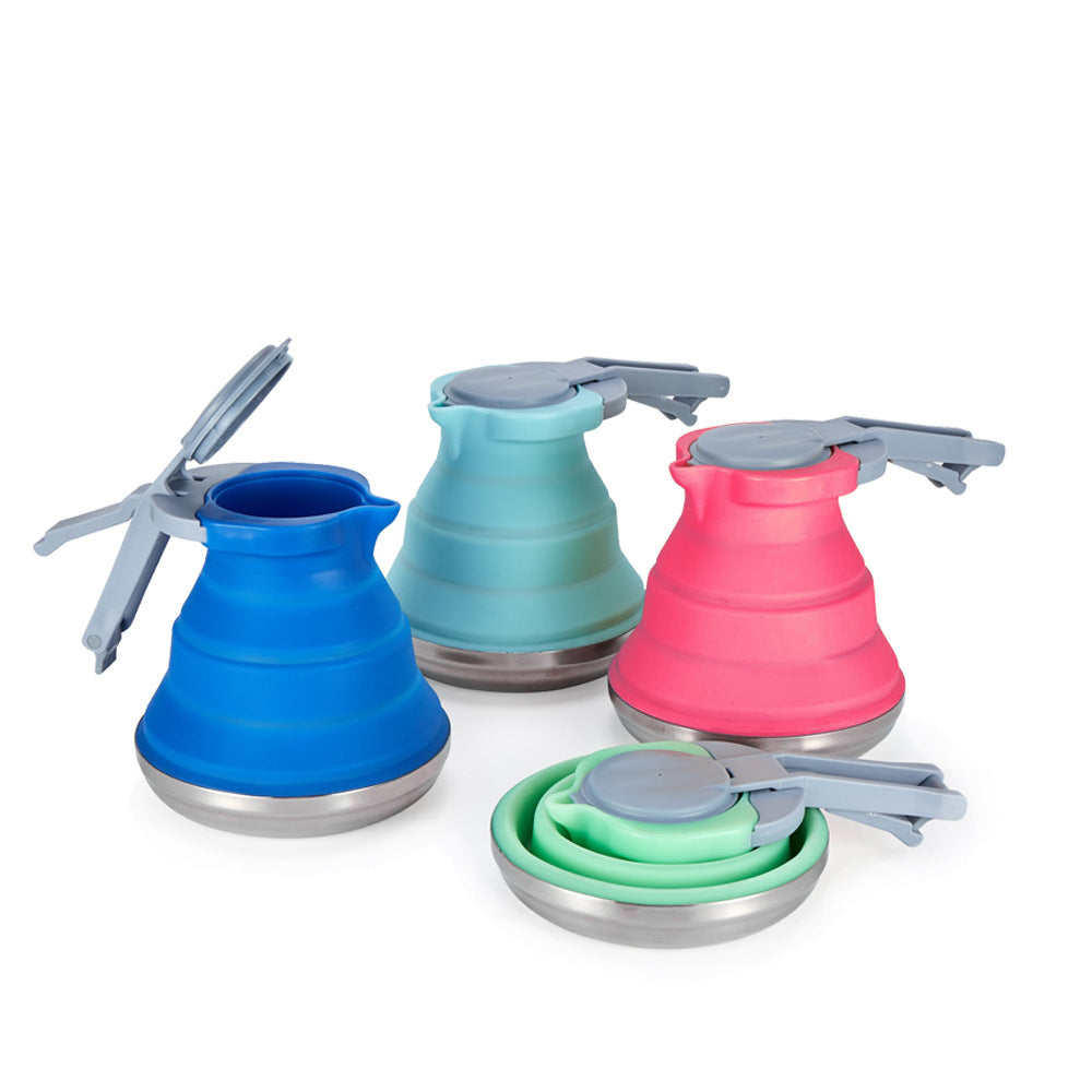 Light Green 1.5L Collapsible Silicone Camping Kettle - Portable Foldable Travel Water Boiler, Stainless Steel Base