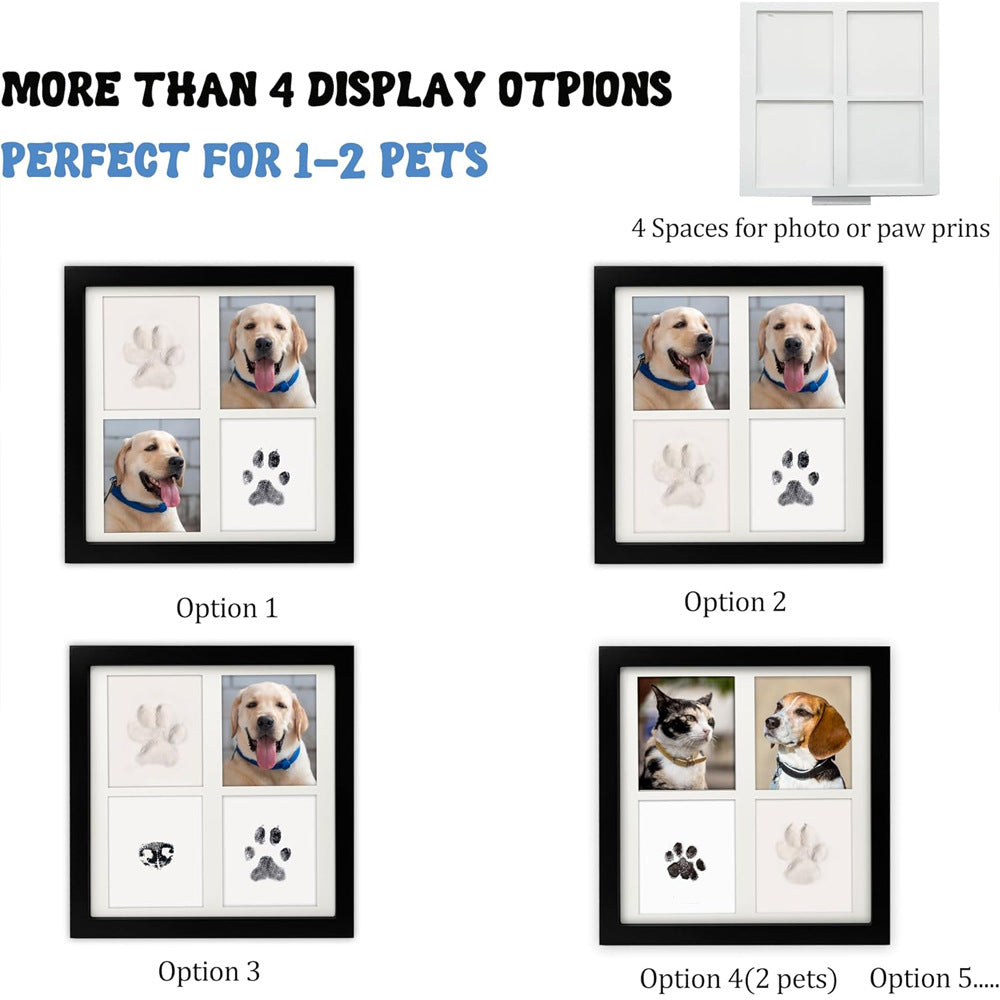 Black and White Pet Paw Print Keepsake Photo Frame Kit - Mess-Free Ink Pad for Dogs & Cats, Dual Photo & Print Display