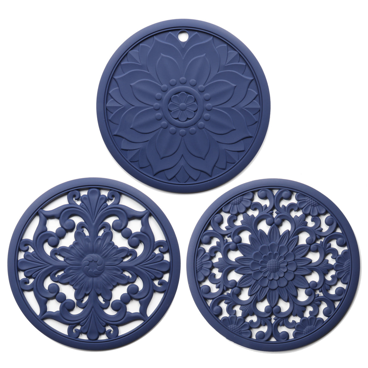 Elegant Floral Silicone Trivet Mat Set (3-Pack, Dark Blue) - Heat Resistant, Non-Slip Kitchen Hot Pads & Pot Holders