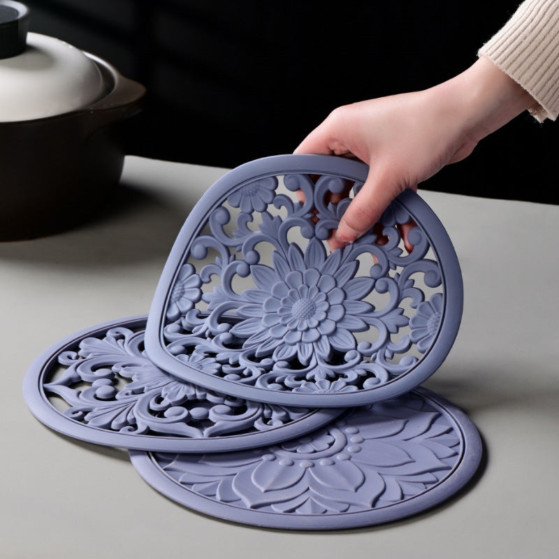 Elegant Floral Silicone Trivet Mat Set (3-Pack, Dark Blue) - Heat Resistant, Non-Slip Kitchen Hot Pads & Pot Holders
