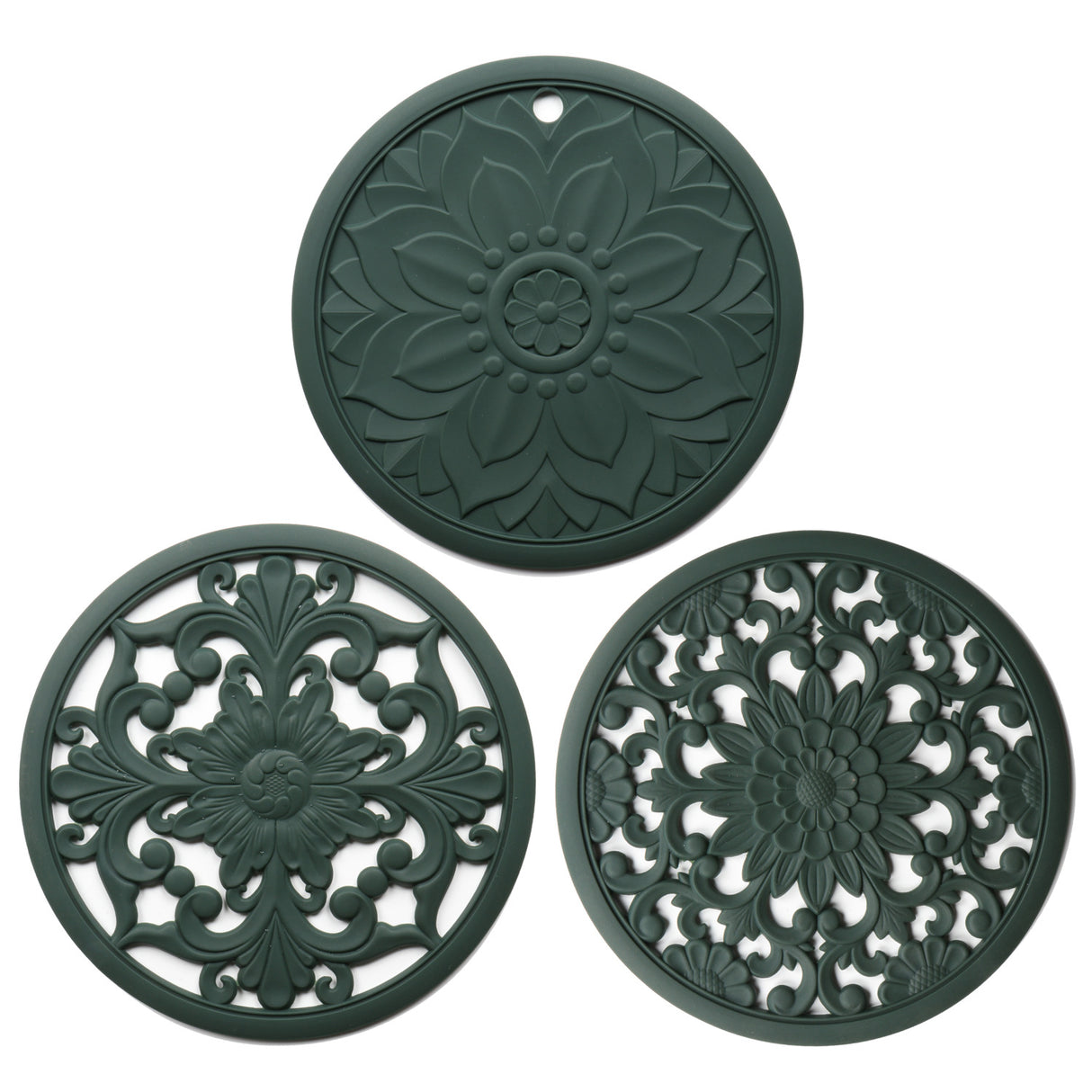 Elegant Floral Silicone Trivet Mat Set (3-Pack, Dark Green) - Heat Resistant, Non-Slip Kitchen Hot Pads & Pot Holders