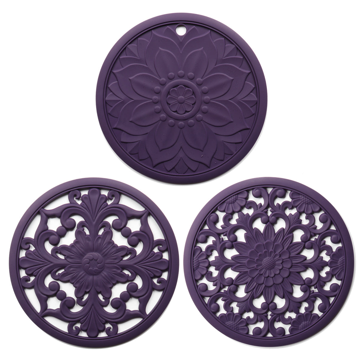 Elegant Floral Silicone Trivet Mat Set (3-Pack, Dark Purple) - Heat Resistant, Non-Slip Kitchen Hot Pads & Pot Holders